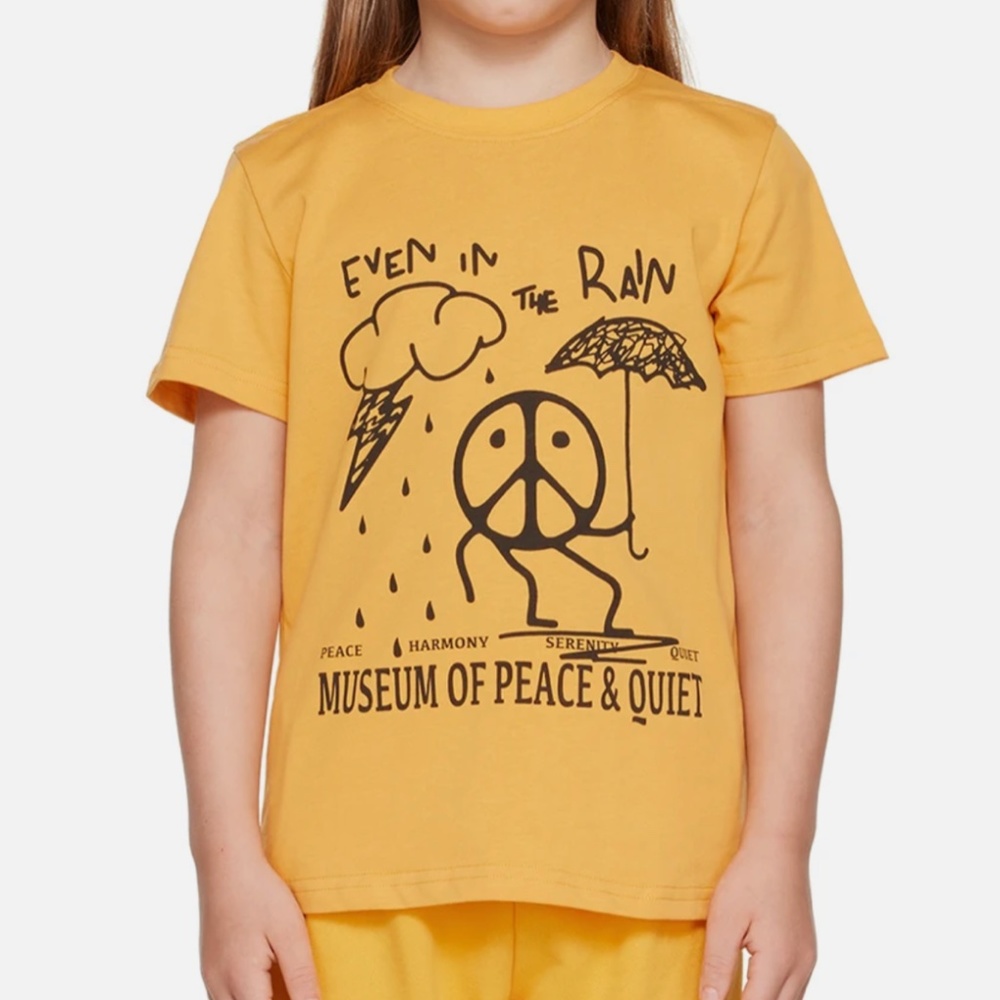 $45 MUSEUM OF PEACE & QUIET Yellow Rain T-Shirt size 8-9 cloud boys girls unisex
